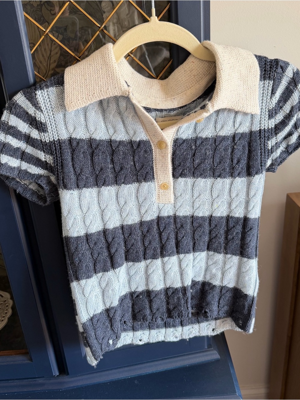 Pilcro Short-Sleeve Cable-Knit Polo in Cream and Gray-Blue Stripes